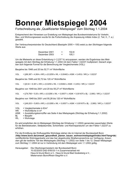 Mietspiegel Bonn 2004 Pro Wohnen Hamburg
