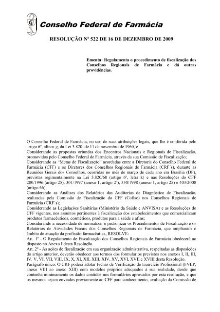 Revogada pela Resolução nº 522/09 - Conselho Federal de Farmácia