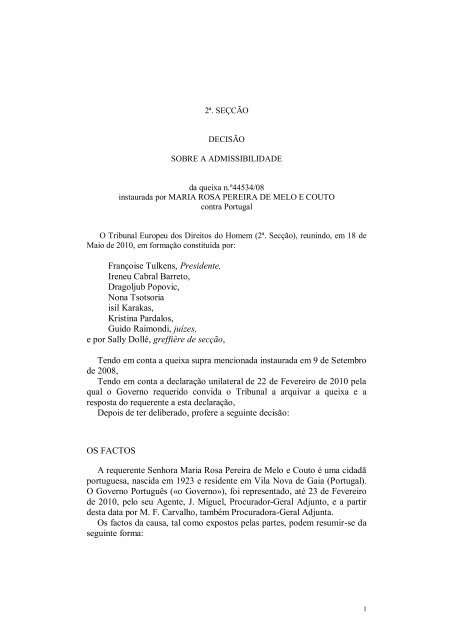 Maria Rosa Pereira Melo e Couto, Decisão de ... - Direitos Humanos