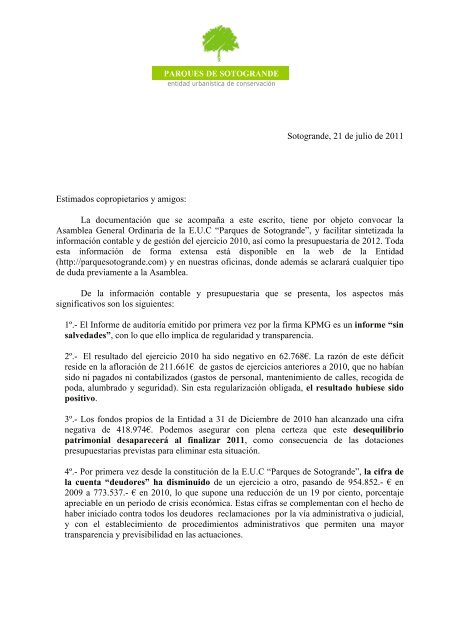 Sotogrande 21 De Julio De 2011 Estimados Copropietarios Y Amigos