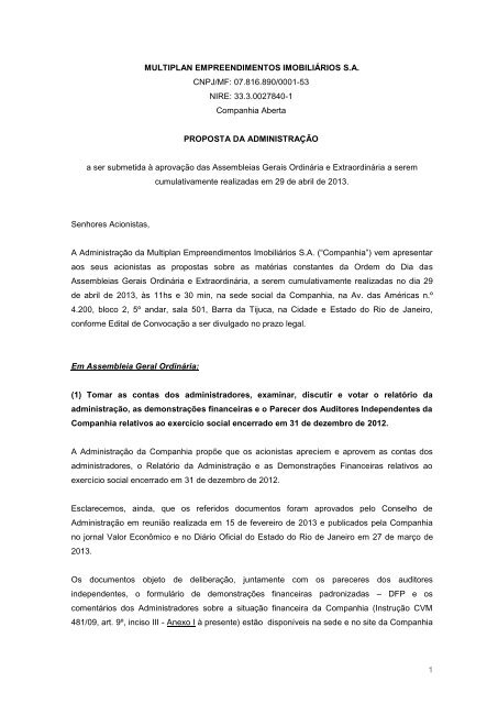 Ago - Proposta da Administração - Multiplan