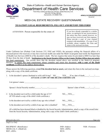 Medi-Cal Estate Recovery Questionnaire 1st Notice - Department of ...