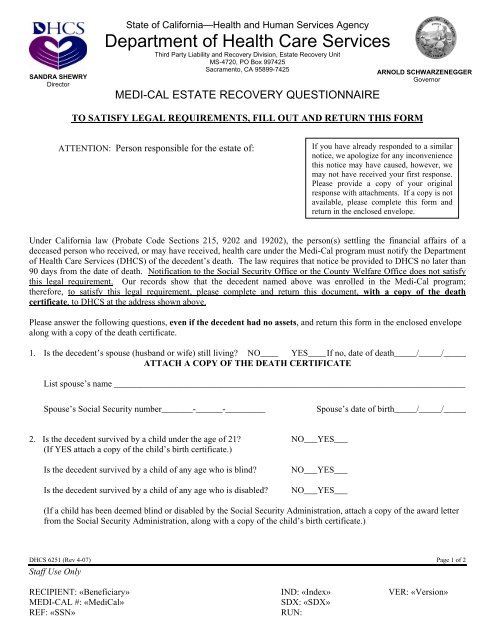 Medi-Cal Estate Recovery Questionnaire 1st Notice - Department of ...