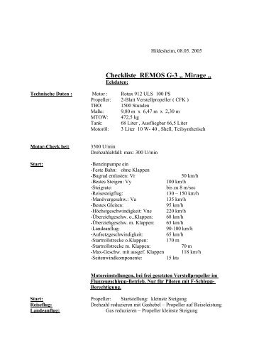 Checkliste REMOS G-3 „ Mirage „ - AC Hildesheim-Hannover