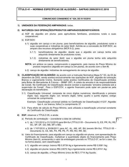 título 41 – normas específicas de algodão – safras 2009 ... - Conab