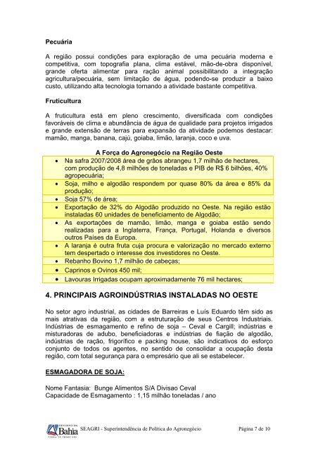 Nota Técnica - A região Oeste da Bahia - Seagri