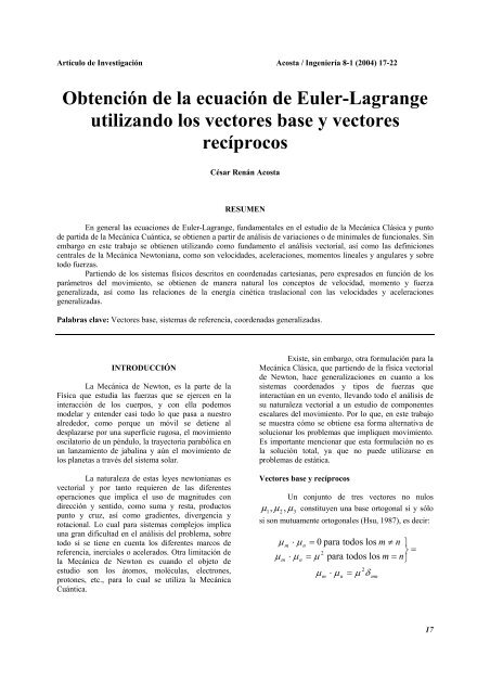 Obtención de la ecuación de Euler-Lagrange utilizando los vectores ...