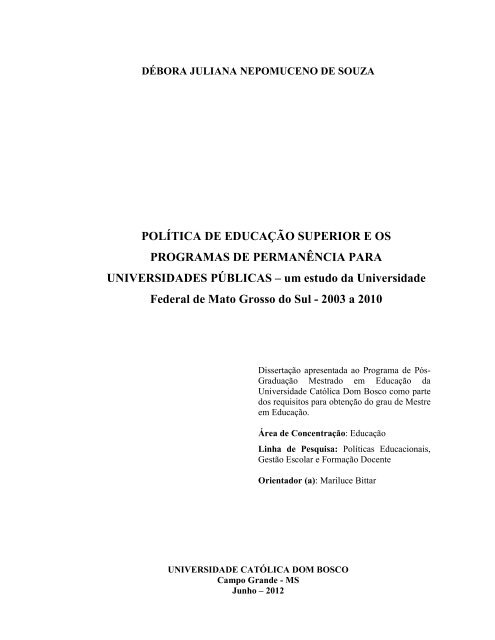 POLÍTICA DE EDUCAÇÃO SUPERIOR E OS PROGRAMAS ... - UCDB