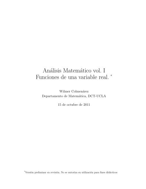 Análisis Matemático vol. I Funciones de una variable real. *