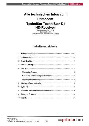 Technischen Infos Zum Primacom TechniSat TechniStar K1