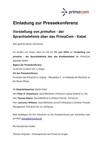 Einladung zur Pressekonferenz - Primacom