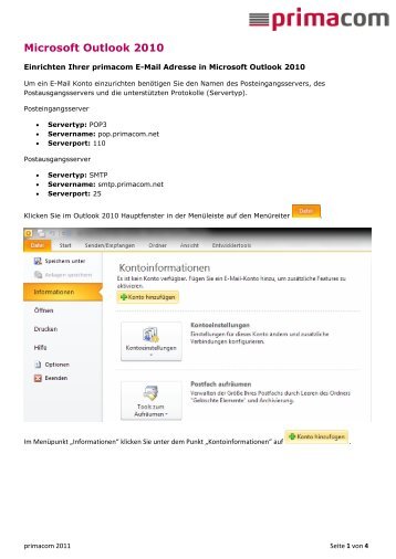 Kurzanleitung E-Mail (Microsoft Outlook 2010) - Primacom