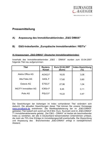 Anpassung des Immobilienaktienindex - Ellwanger & Geiger