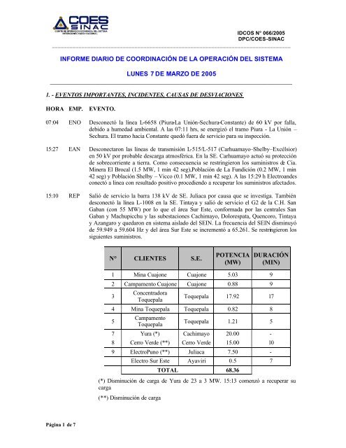 informe diario de coordinación de la operación del sistema ... - Coes