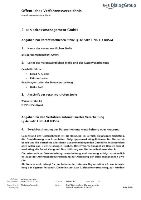 Öffentliches Verfahrensverzeichnis - a+s DialogGroup