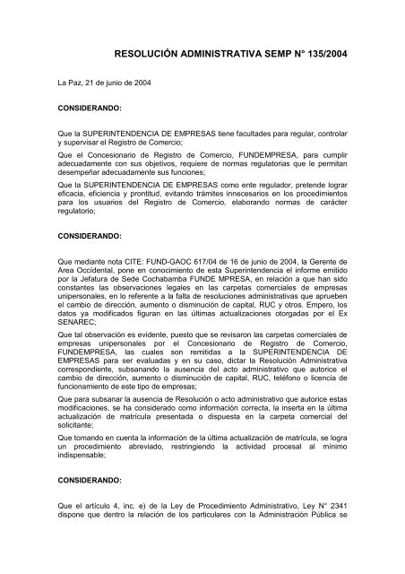 RESOLUCIÓN ADMINISTRATIVA SEMP N° 135/2004 - Fundempresa
