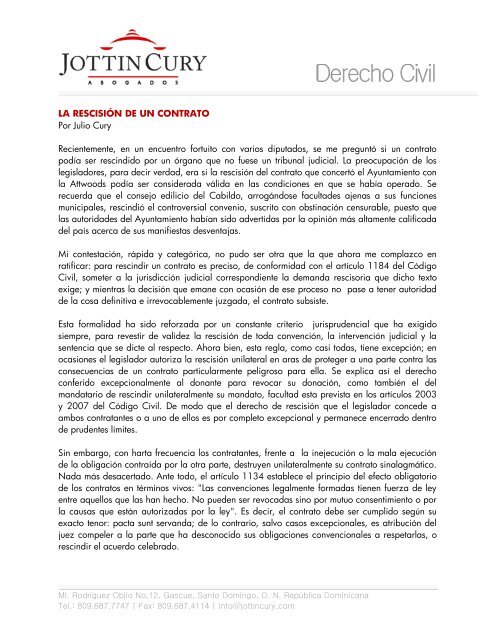 LA RESCISIÓN DE UN CONTRATO Por Julio Cury Recientemente ...