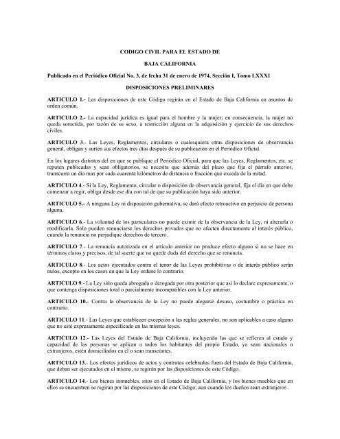codigo civil para el estado de - Gobierno del Estado de Baja California