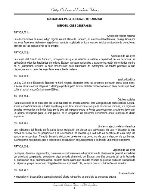 Código Civil para el Estado de Tabasco. - Secretaría de Educación ...