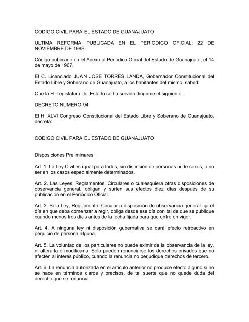 CODIGO CIVIL PARA EL ESTADO DE GUANAJUATO