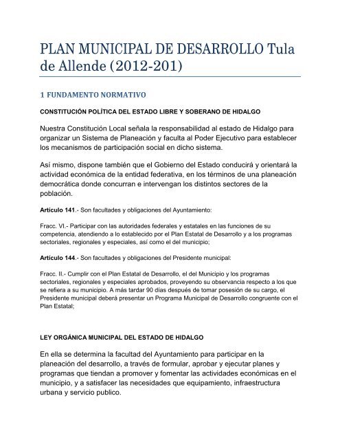 PLAN MUNICIPAL DE DESARROLLO Tula de Allende (2012-201)