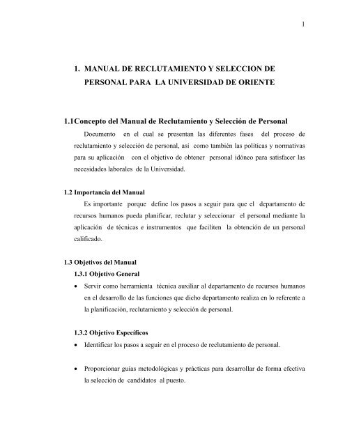1. MANUAL DE RECLUTAMIENTO Y SELECCION DE PERSONAL ...