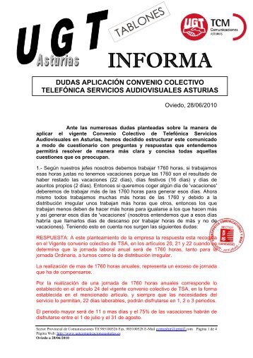 Comunicado Dudas Aplicación Convenio Colectivo TSA - TCM-UGT