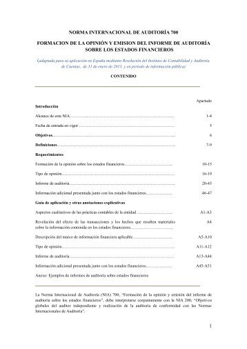 NIA 700. Formación de la opinión y emisión del Informe de Auditoría ...