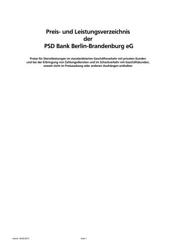Preis- und Leistungsverzeichnis - PSD Bank Berlin-Brandenburg eG