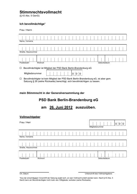Stimmrechtsvollmacht - PSD Bank Berlin-Brandenburg eG