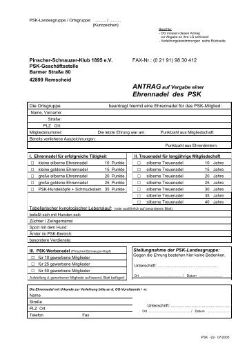 Antrag PSK Ehrennadel - Pinscher-Schnauzer-Klub