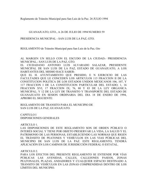 Reglamento de Tránsito Municipal para San Luis de la Paz. 26 ...