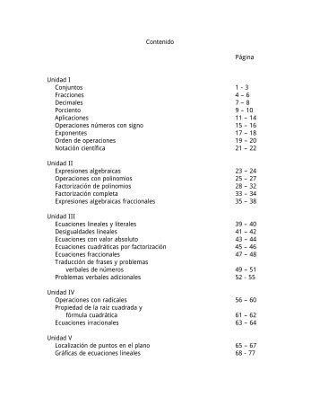 Contenido Página Unidad I Conjuntos 1 - 3 Fracciones 4 – 6 ... - cicia