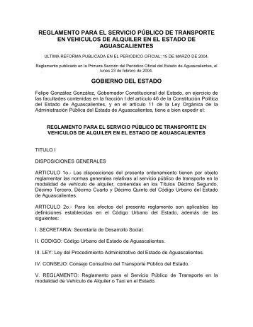 Reglamento para el Servicio Público de Transporte en Vehículos de ...