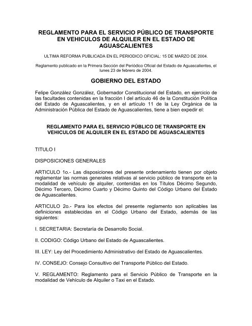 Reglamento para el Servicio Público de Transporte en Vehículos de ...