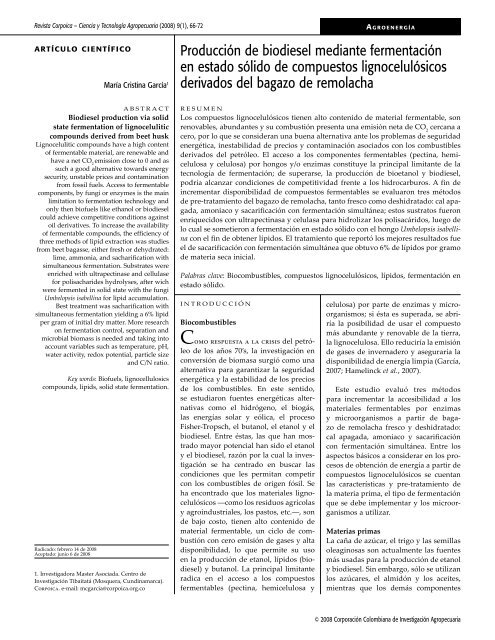 Producción de biodiesel mediante fermentación en ... - Corpoica