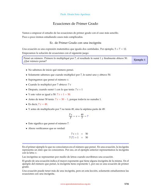 Ecuaciones de Primer Grado - Aprende Matemáticas