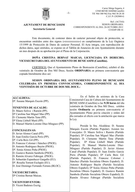 Acta Pleno Ordinario Benicassim Ayuntamiento De Benicasim