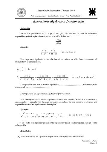 Expresiones algebraicas fraccionarias - Campus del Colegio Yapeyú