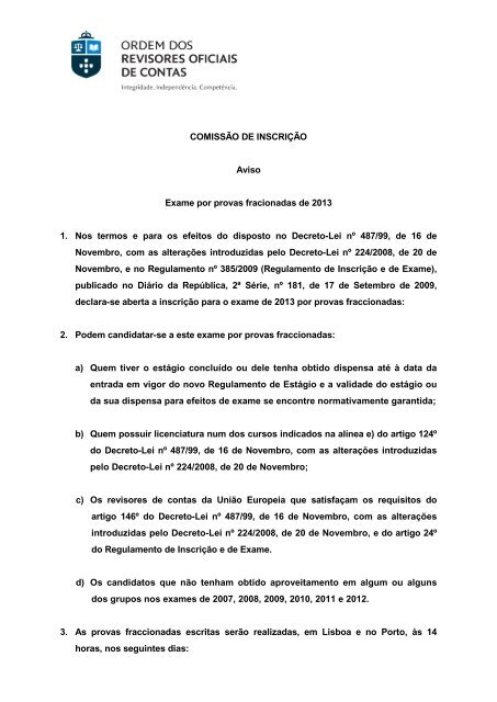 Exame por Provas Fraccionadas 2013 - Ordem dos Revisores ...