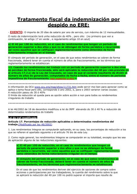 Tratamento fiscal da indemnización por despido no ERE: