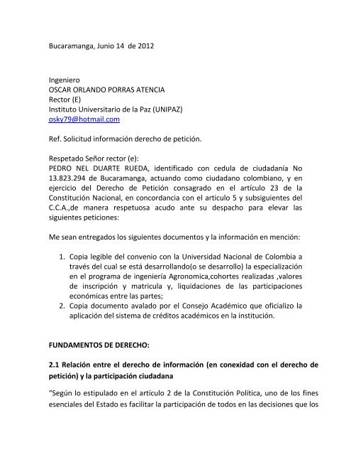 Derecho de Petición 3 - Instituto Universitario de la Paz UNIPAZ