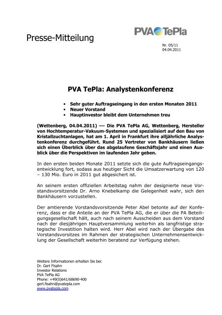 Analystenkonferenz - PVA TePla AG