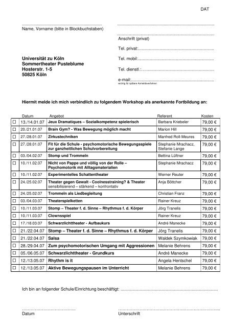 Universität zu Köln Sommertheater Pusteblume Hosterstr. 1-5 50825 ...
