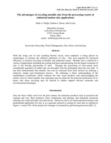The advantages of recycling metallic zinc from the ... - Pyrotek