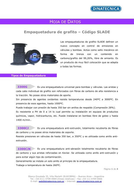 Empaquetadura de grafito – Código SLADE HOJA ... - DINATECNICA