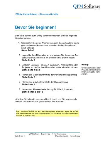 Bevor Sie beginnen! - QPM Software