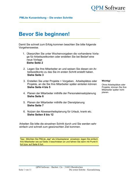 Bevor Sie beginnen! - QPM Software