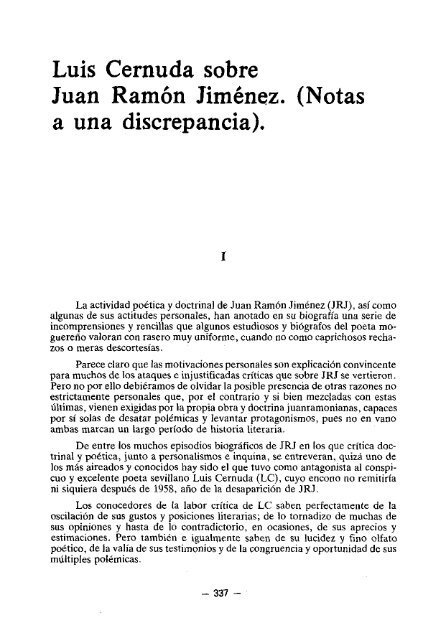 Luis Cernuda sobre Juan Ramón Jiménez. (Notas a una discrepancia).