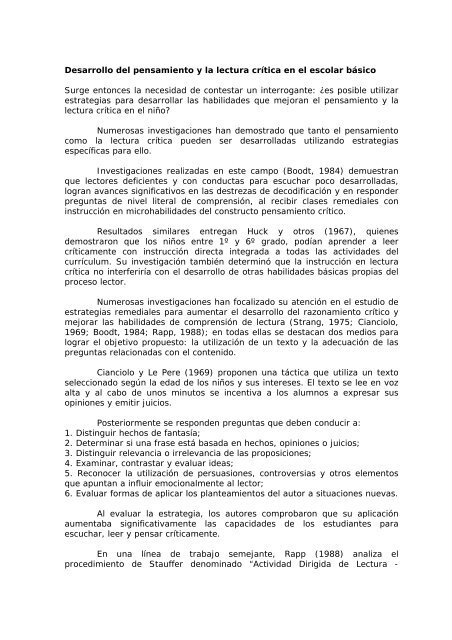 Desarrollo del pensamiento crítico: su relación con la comprensión ...